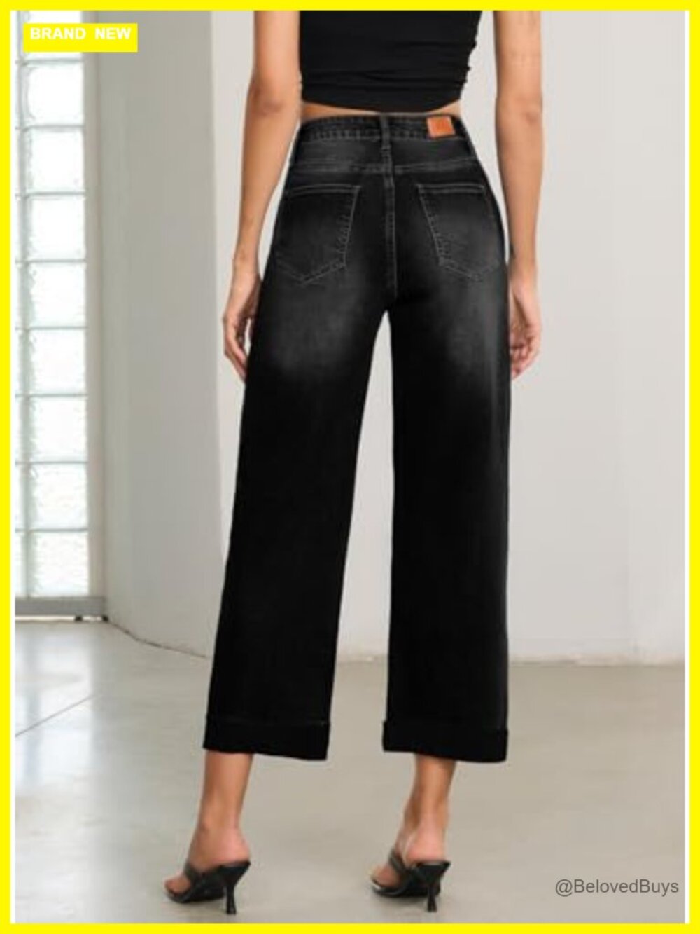 High Waisted Wide Leg Barrel Jeans Raw Rolled Hem Cropped Ankle Denim Pants - Picture 3 of 6